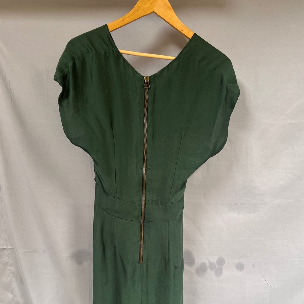 Stella‎ Mccartney Emerald Green Dress V Neck Short Sleeve Pleated Cocktail Midi - Picture 3 of 9